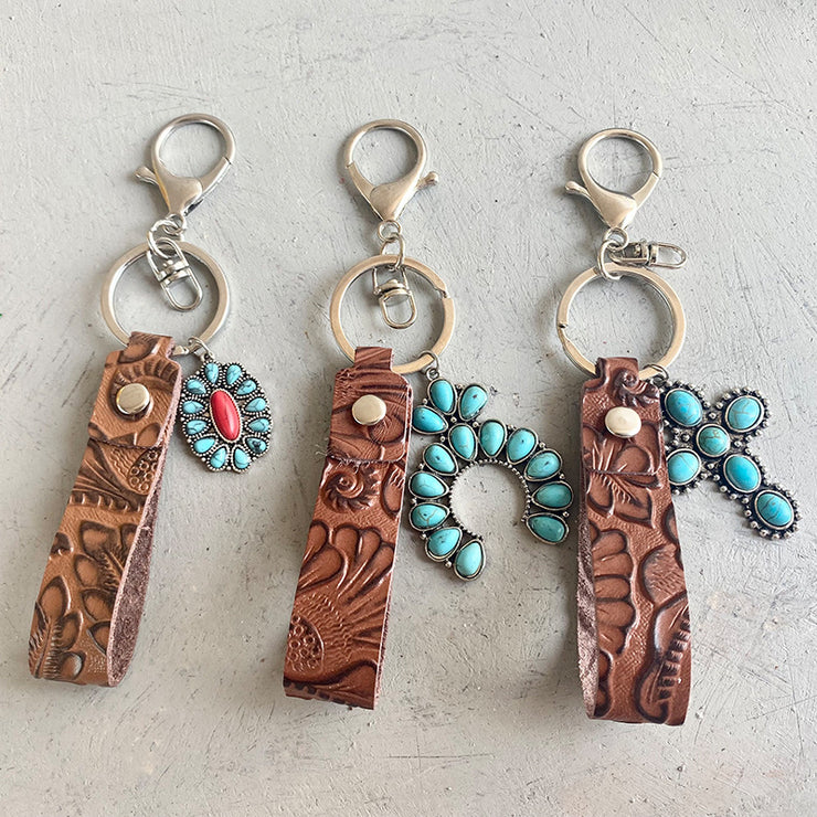 Porte-clés en cuir véritable turquoise