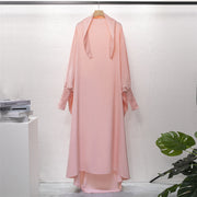 Casual Loose Robe With Headscarf Muslim Dress Solid Color Long Robe