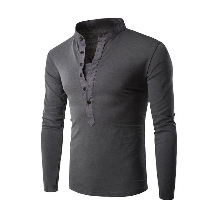 Stand-up Collar Casual Button Placket Slim Long-Sleeved T-shirt