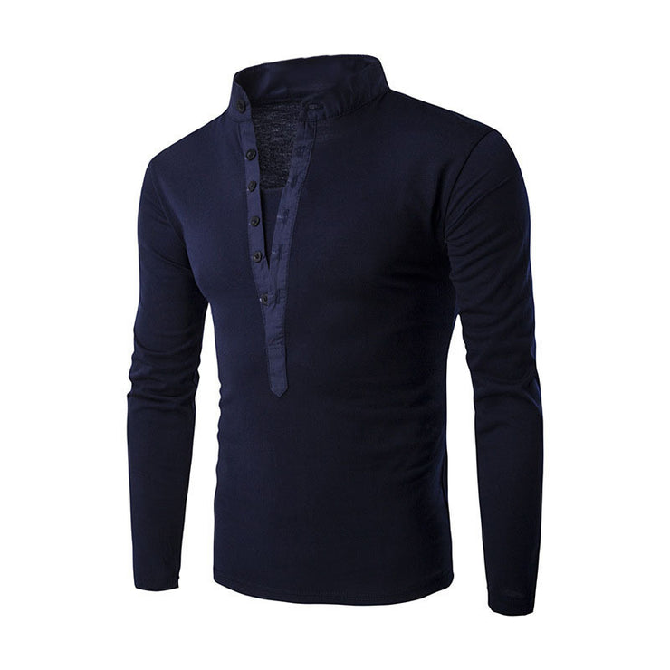 Stand-up Collar Casual Button Placket Slim Long-Sleeved T-shirt