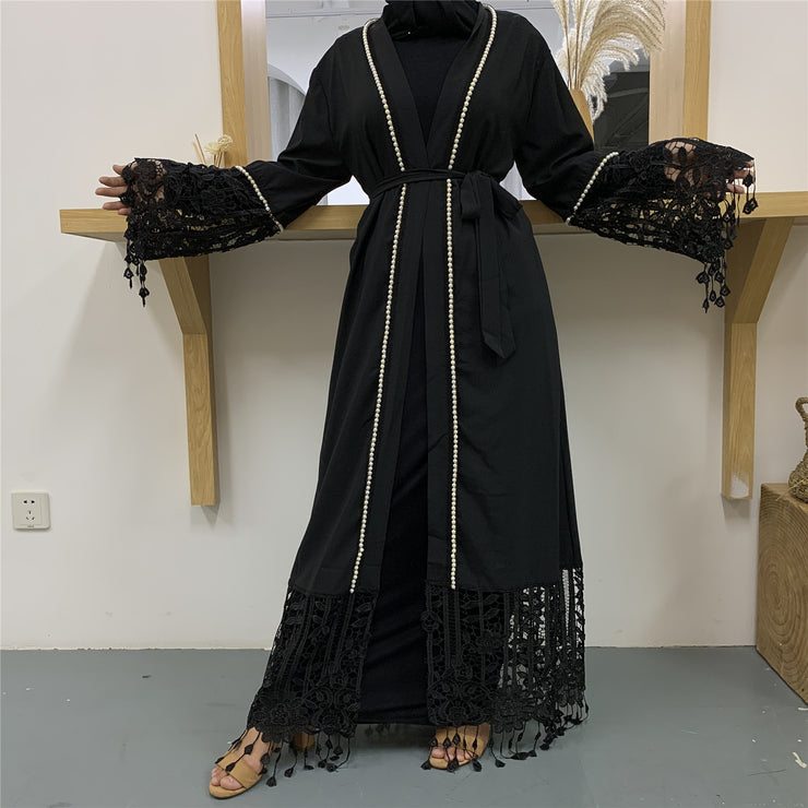 Middle East Muslim Fashion Beaded Lace Lace Stitching Cardigan Tassel Robe