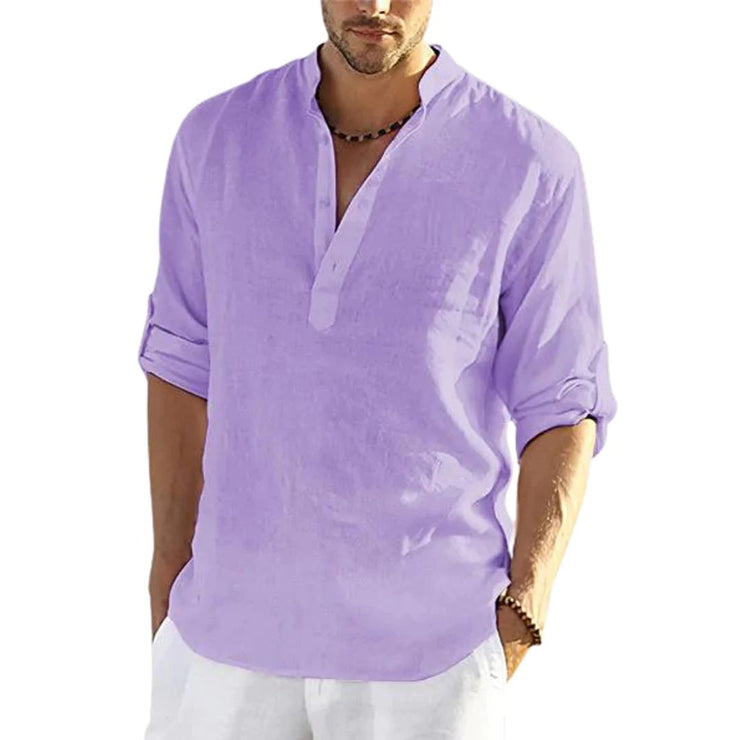 Chemise décontractée à manches longues en coton et lin pour hommes, couleur unie, col montant ample