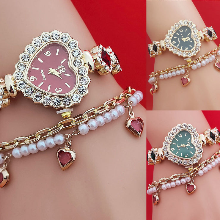 Fashion Love Shape Bracelet Watch Set Diamond Colored Heart Quartz Watch Women&