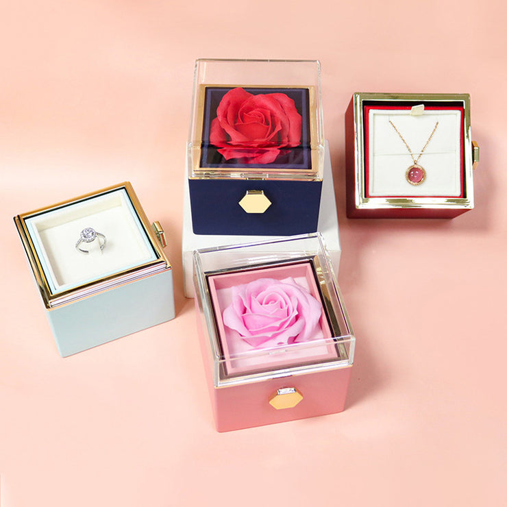 Coffret cadeau rotatif en forme de rose avec fleur de savon Coffret créatif rotatif pour bijoux en forme de rose Cadeau de Saint-Valentin pour femme