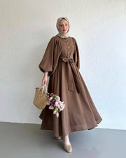 Muslim Fashion Suit Bishop Sleeves Top Swing Mid-length Dress Set