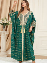 Muslim Green Gilding Batwing Sleeve Bow Tie Stitching Middle East Popular Plus Size Tassel Split Dress