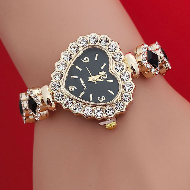 Fashion Love Shape Bracelet Watch Set Diamond Colored Heart Quartz Watch Women&