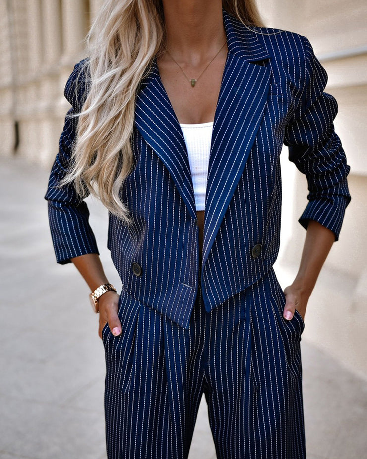 Fashion Striped Suits Casual Lapel Long Sleeve Cropped Top And Straight Pants Outfits Women&