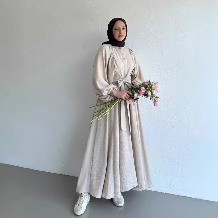 Muslim Fashion Suit Bishop Sleeves Top Swing Mid-length Dress Set