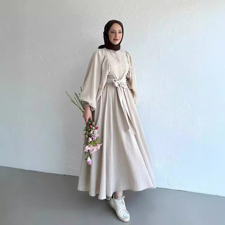 Muslim Fashion Suit Bishop Sleeves Top Swing Mid-length Dress Set