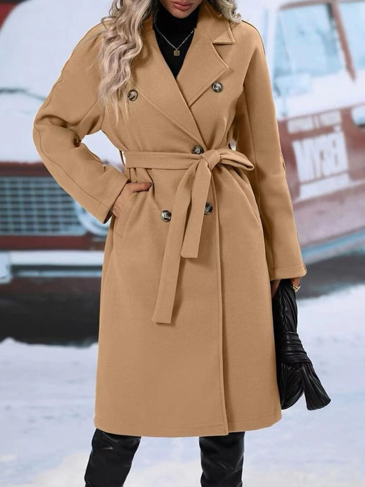 Trench-coat croisé à revers avec ceinture, mode hiver, couleur unie, veste longue, vêtements d&