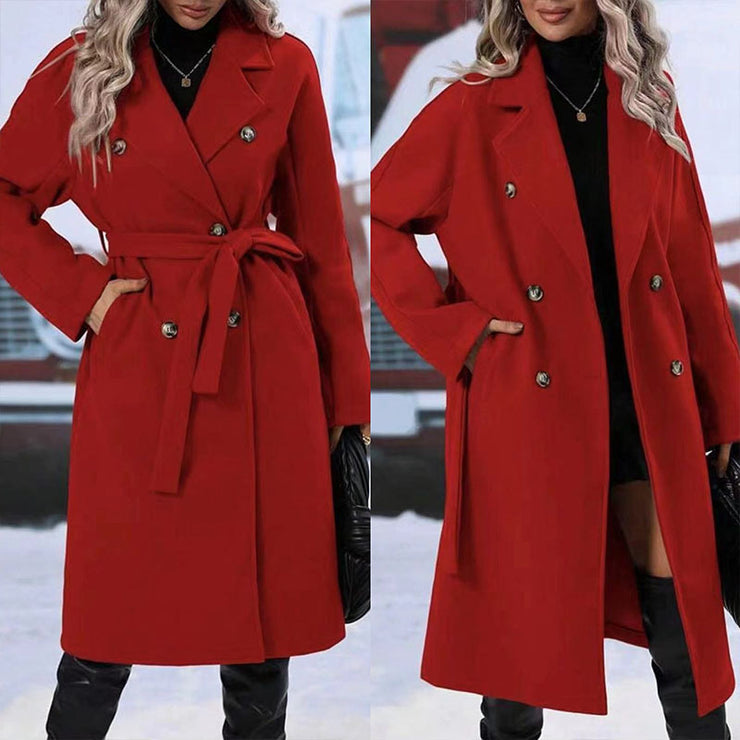 Trench-coat croisé à revers avec ceinture, mode hiver, couleur unie, veste longue, vêtements d&