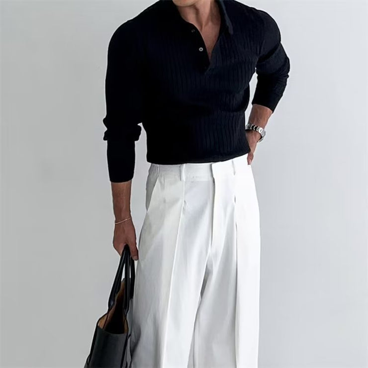 Lapel Button Long Sleeve Polo Shirt Slim Fashion Solid Striped Knitted Bottoming Shirt Top Men&