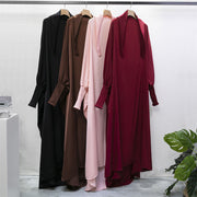 Casual Loose Robe With Headscarf Muslim Dress Solid Color Long Robe