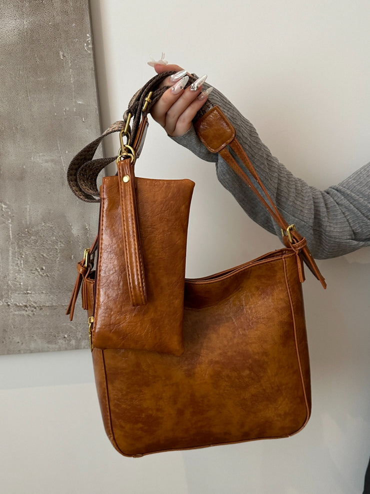 Sac à bandoulière réglable en cuir PU avec pochette