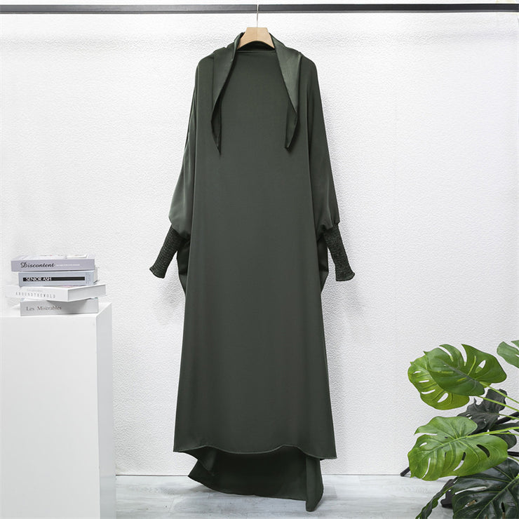 Casual Loose Robe With Headscarf Muslim Dress Solid Color Long Robe