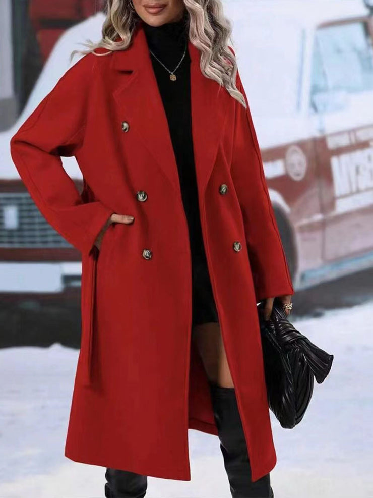 Trench-coat croisé à revers avec ceinture, mode hiver, couleur unie, veste longue, vêtements d&