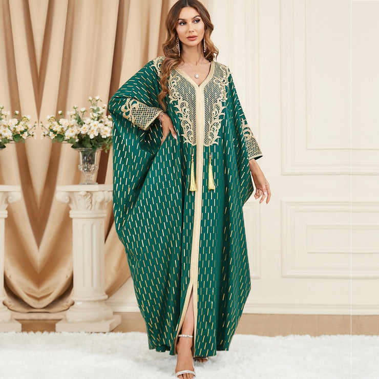 Muslim Green Gilding Batwing Sleeve Bow Tie Stitching Middle East Popular Plus Size Tassel Split Dress