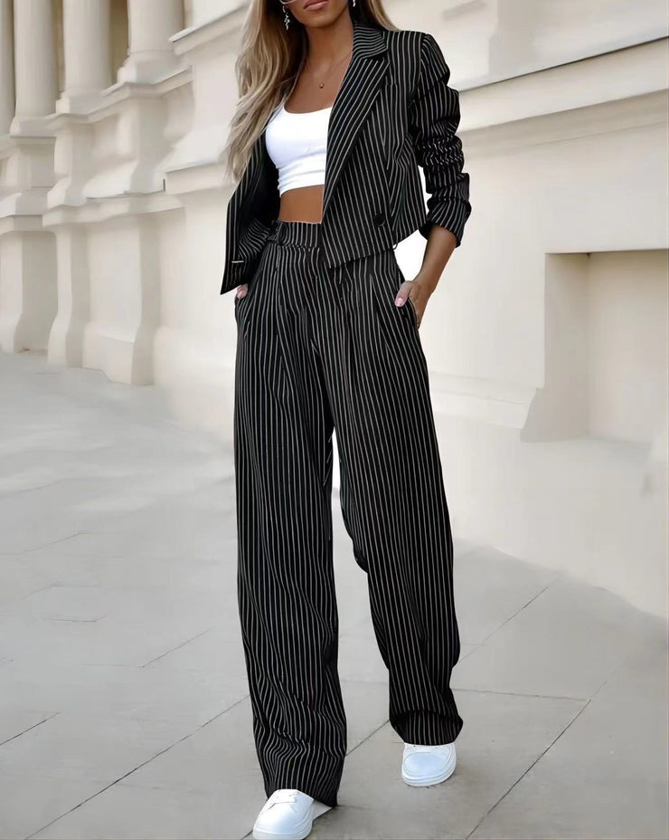 Fashion Striped Suits Casual Lapel Long Sleeve Cropped Top And Straight Pants Outfits Women&