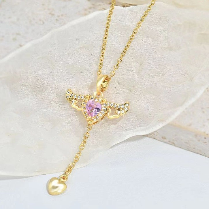 Moving Cupid Heart Angel Wings Tassel Necklace With Crystal Clavicle Chain Women Jewelry Gift Valentine&