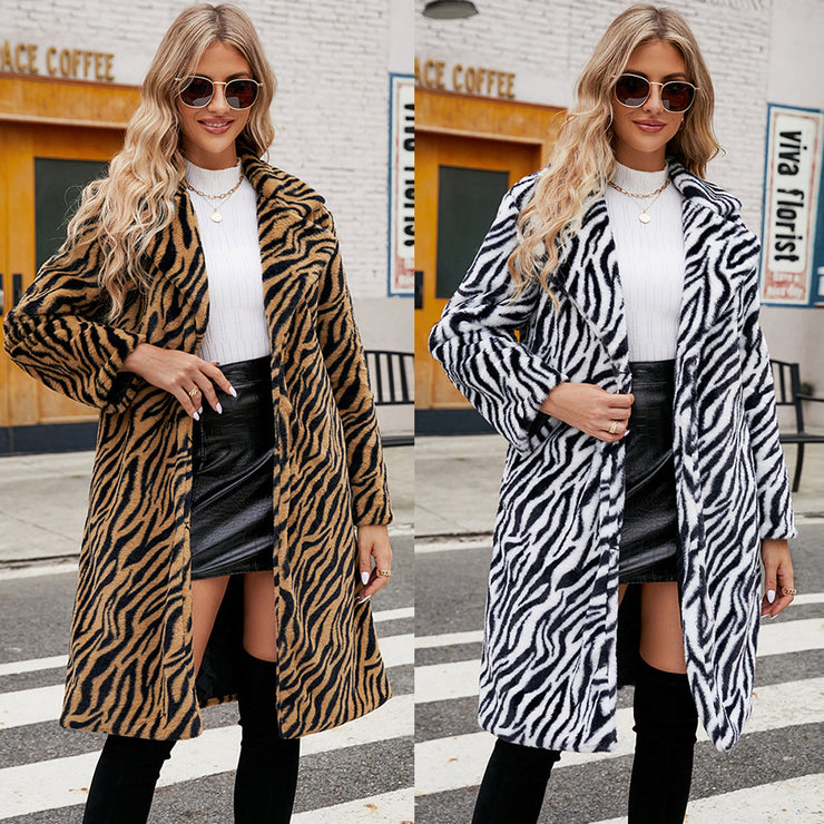 European And American Fashion Leisure Suit Collar Artificial Leather Fur Coat Zebra Pattern Plush Long Coat Autumn And Winter