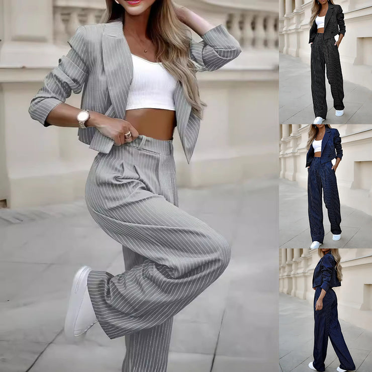 Fashion Striped Suits Casual Lapel Long Sleeve Cropped Top And Straight Pants Outfits Women&