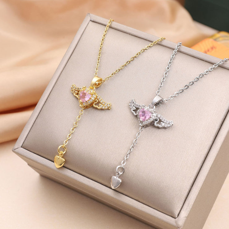 Moving Cupid Heart Angel Wings Tassel Necklace With Crystal Clavicle Chain Women Jewelry Gift Valentine&