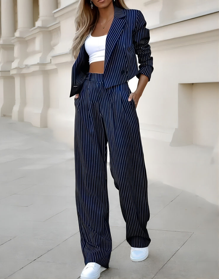 Fashion Striped Suits Casual Lapel Long Sleeve Cropped Top And Straight Pants Outfits Women&