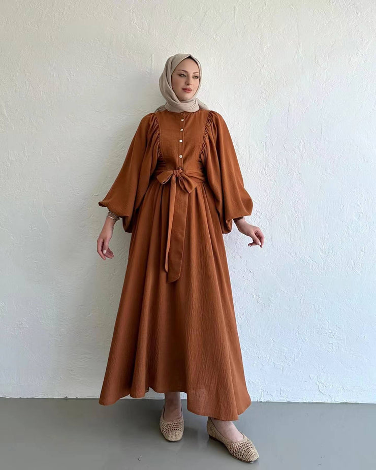 Muslim Fashion Suit Bishop Sleeves Top Swing Mid-length Dress Set