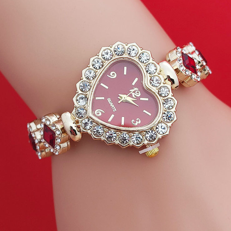 Fashion Love Shape Bracelet Watch Set Diamond Colored Heart Quartz Watch Women&