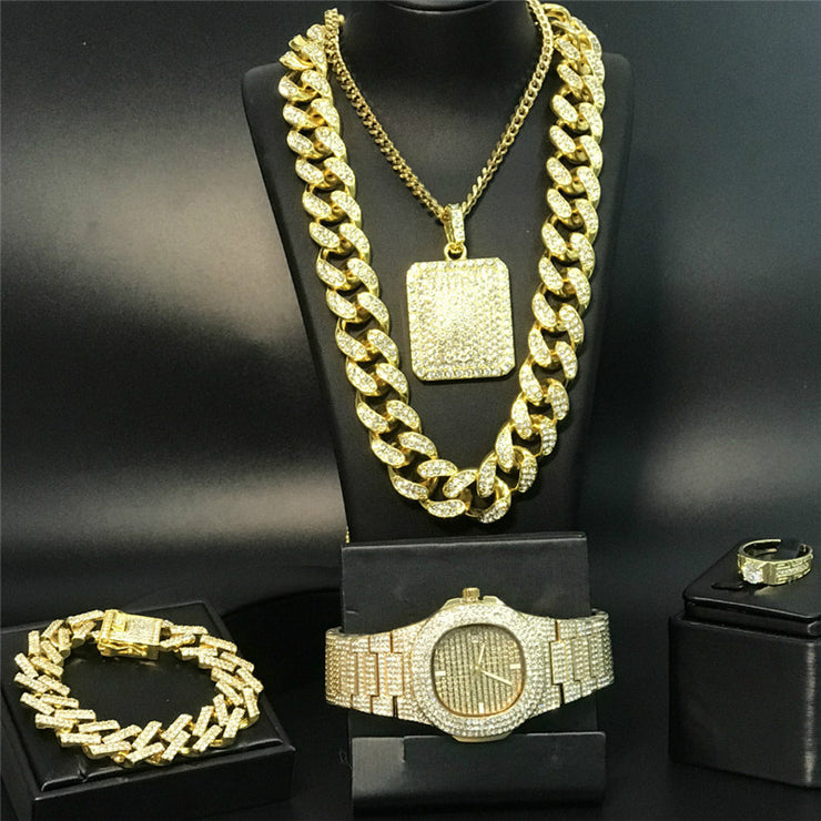 Hiphop hiphop full diamond cuban necklace men set