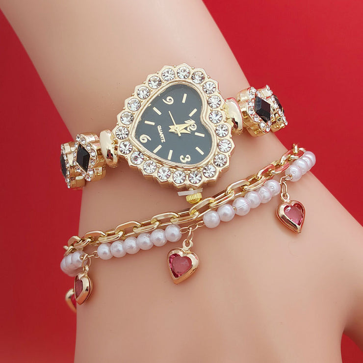 Fashion Love Shape Bracelet Watch Set Diamond Colored Heart Quartz Watch Women&