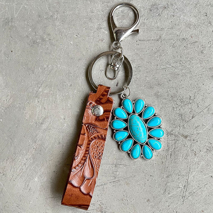 Porte-clés en cuir véritable turquoise