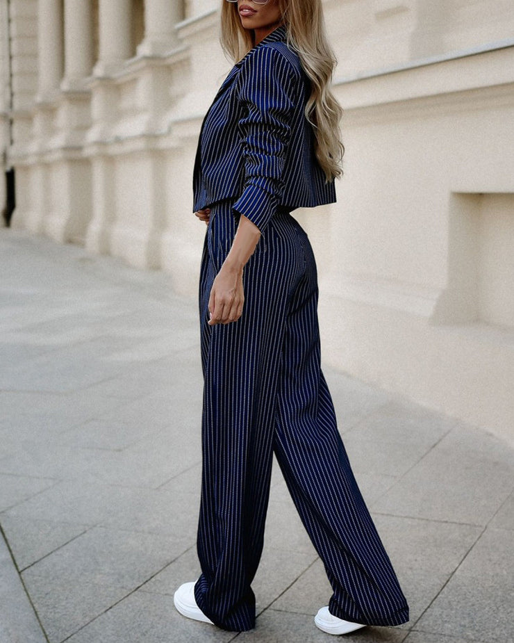 Fashion Striped Suits Casual Lapel Long Sleeve Cropped Top And Straight Pants Outfits Women&