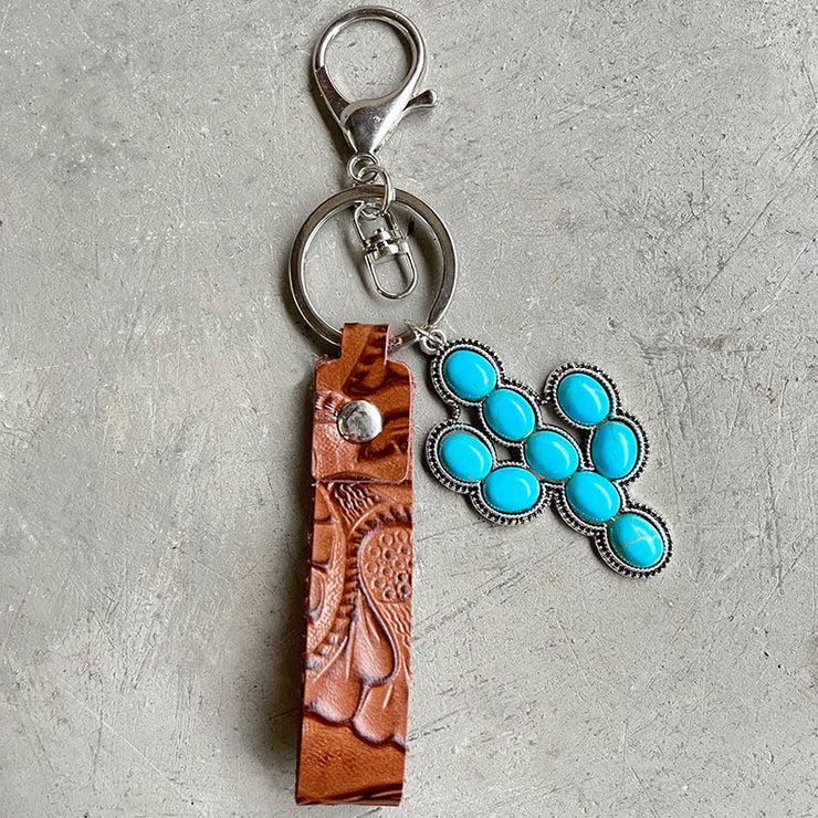 Porte-clés en cuir véritable turquoise