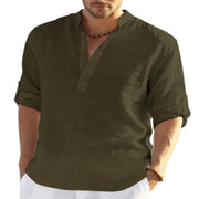 Chemise décontractée à manches longues en coton et lin pour hommes, couleur unie, col montant ample