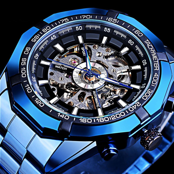 Casual Hollow Blue Plating Automatic Mechanical Watch