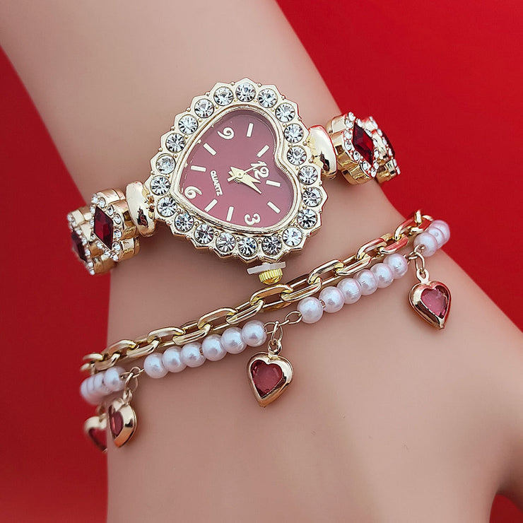 Fashion Love Shape Bracelet Watch Set Diamond Colored Heart Quartz Watch Women&