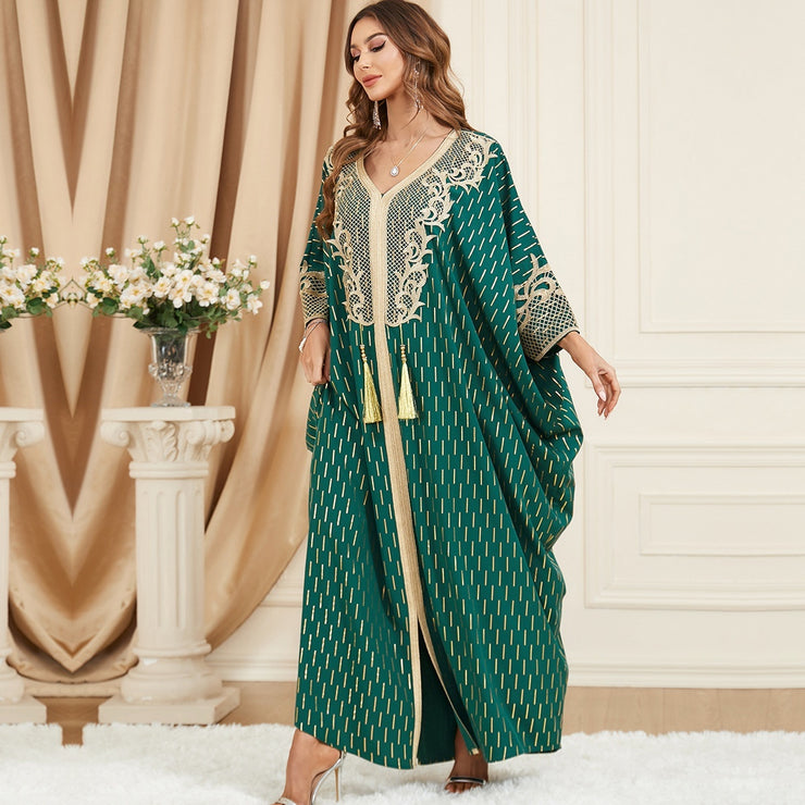 Muslim Green Gilding Batwing Sleeve Bow Tie Stitching Middle East Popular Plus Size Tassel Split Dress