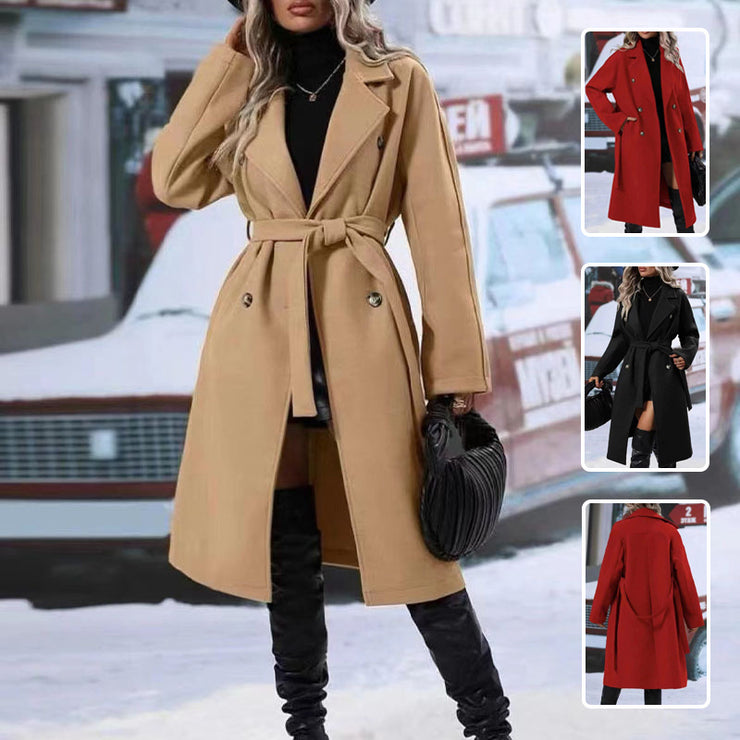 Trench-coat croisé à revers avec ceinture, mode hiver, couleur unie, veste longue, vêtements d&