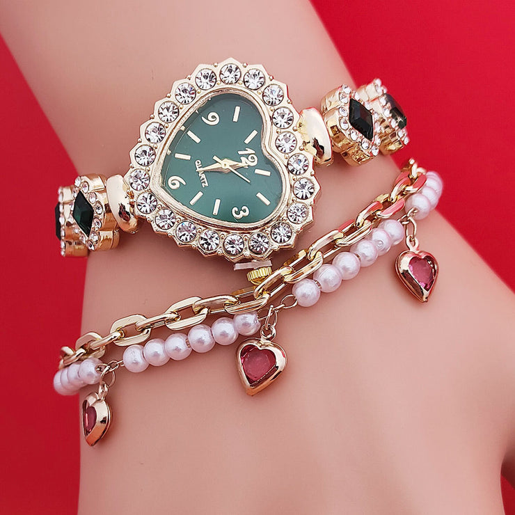 Fashion Love Shape Bracelet Watch Set Diamond Colored Heart Quartz Watch Women&