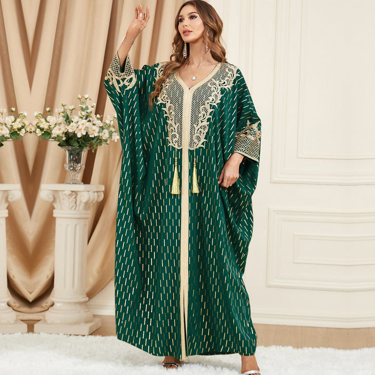 Muslim Green Gilding Batwing Sleeve Bow Tie Stitching Middle East Popular Plus Size Tassel Split Dress