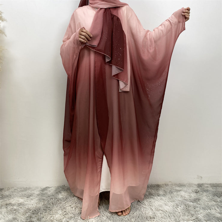 Middle East Muslim Chiffon Cardigan Gradient Batwing Sleeve With Headscarf Suit