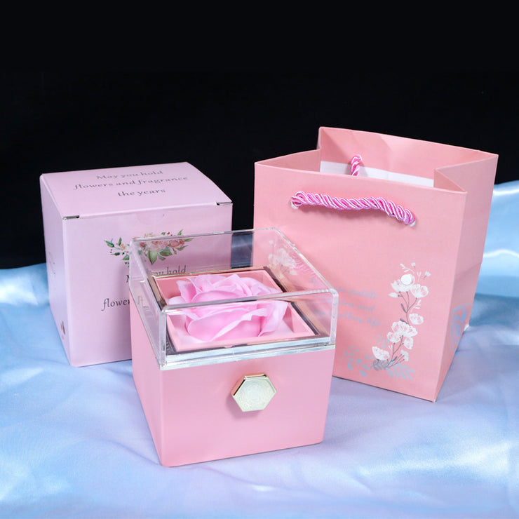 Coffret cadeau rotatif en forme de rose avec fleur de savon Coffret créatif rotatif pour bijoux en forme de rose Cadeau de Saint-Valentin pour femme