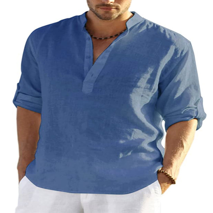 Chemise décontractée à manches longues en coton et lin pour hommes, couleur unie, col montant ample